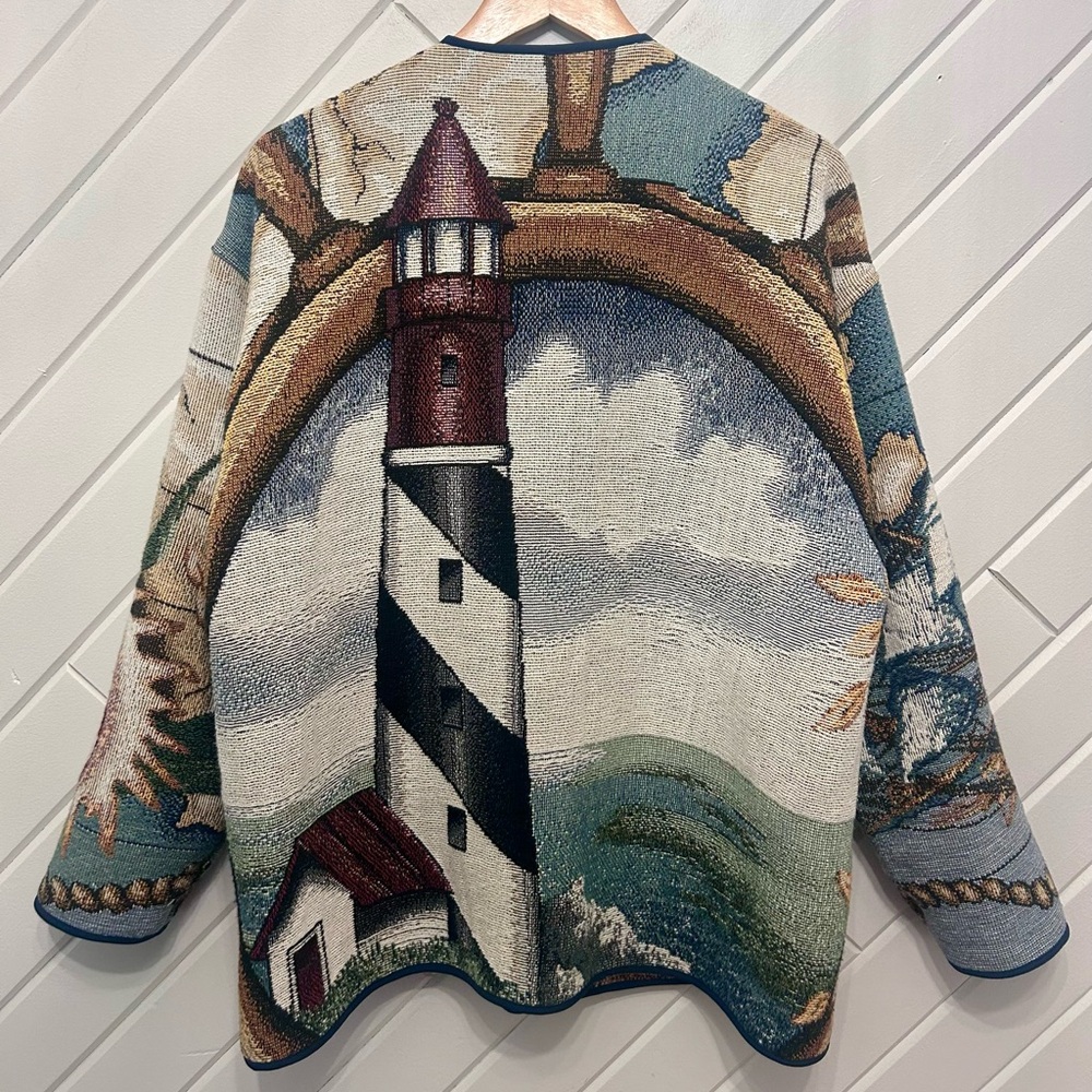 Handmade Upcycled Nautical Lighthouse Blanket Tapestry Jacket